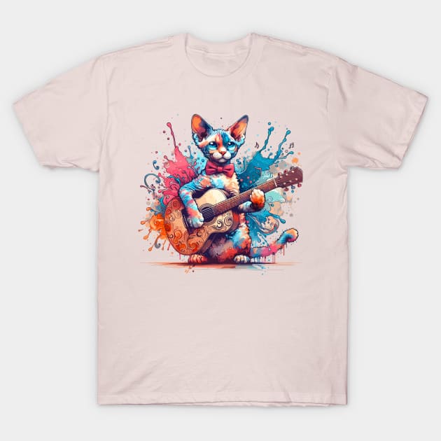 Devon Rex Cat Playing Guitar T-Shirt by Graceful Designs